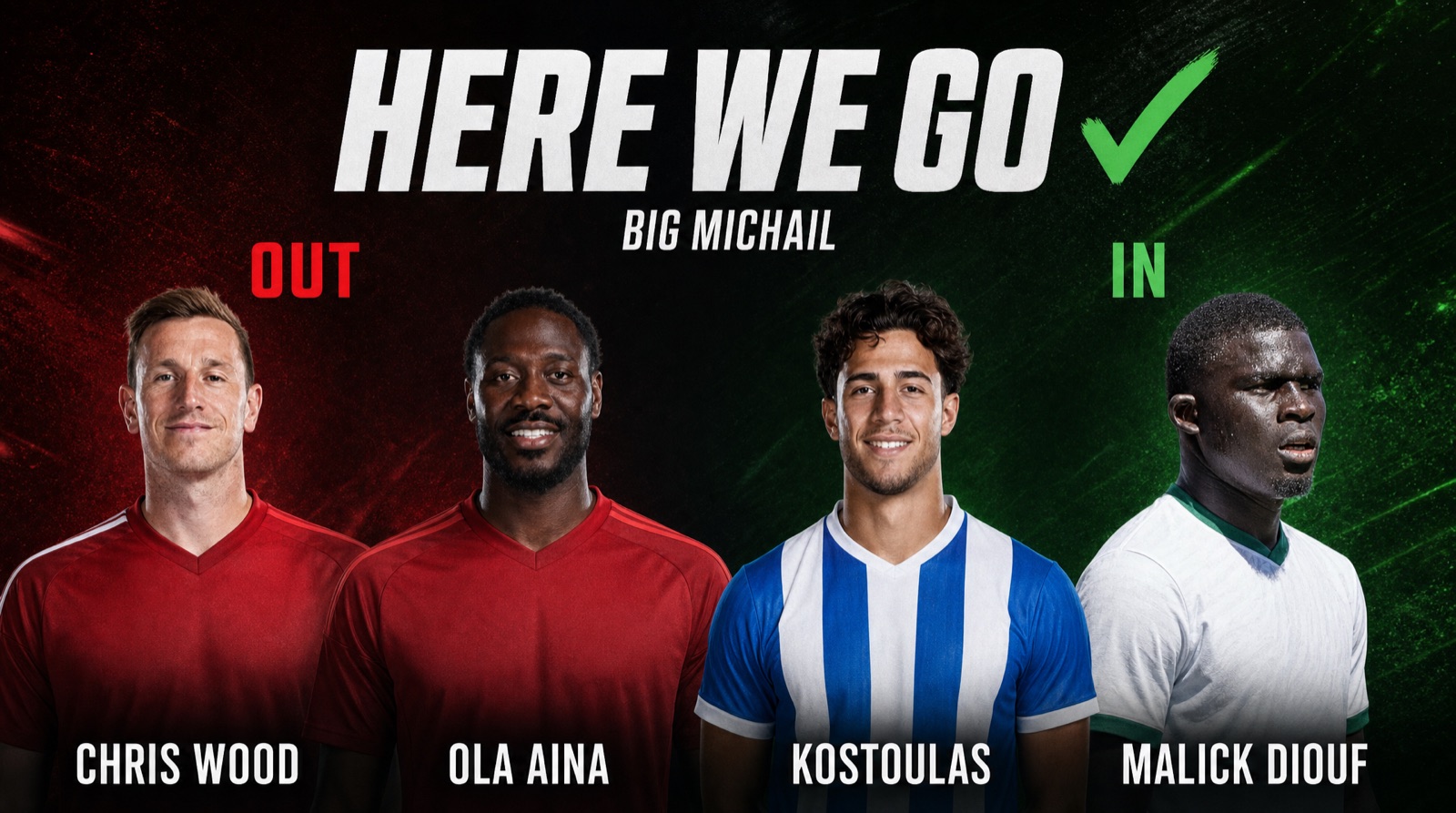 Here We Go card: Wood and Aina out, Kostoulas and Diouf in, Big Michail