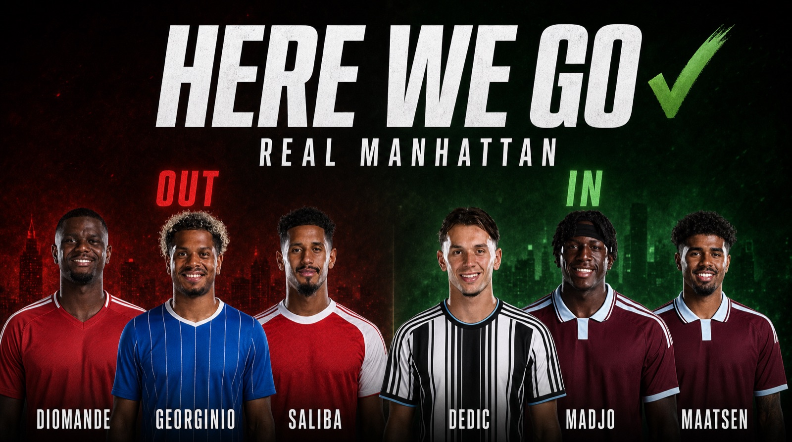 Here We Go card: Diomande, Georginio and Saliba out, Dedić, Madjo and Maatsen in, Real Manhattan