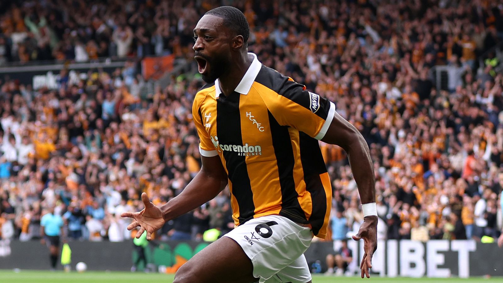 Semi Ajayi celebrates Hull's opener against Manchester United