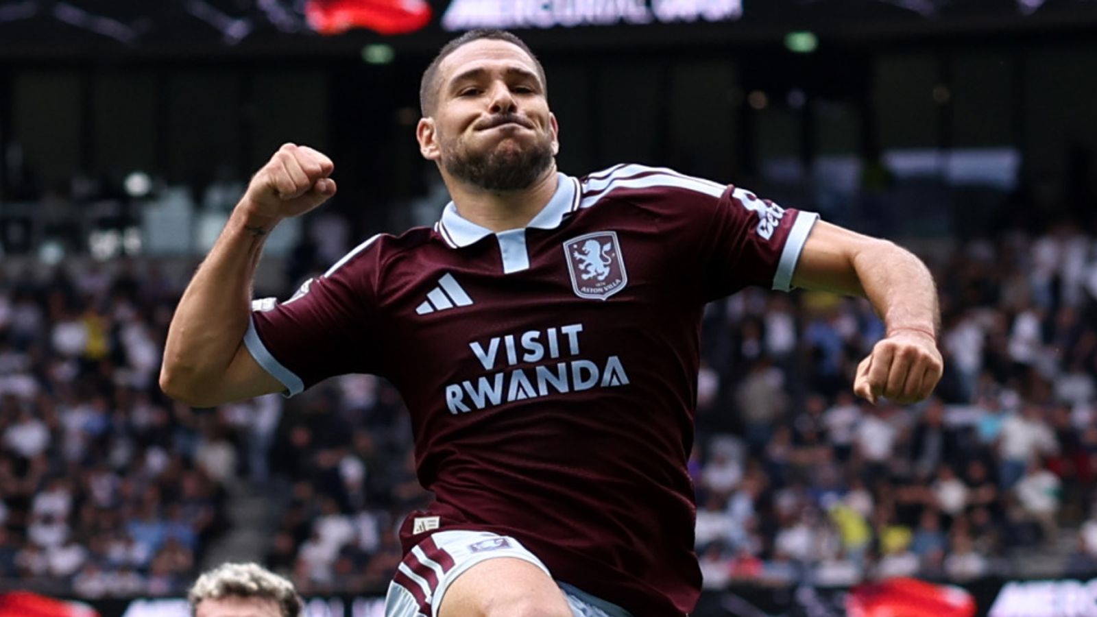 An Aston Villa player celebrates at the Tottenham Hotspur Stadium
