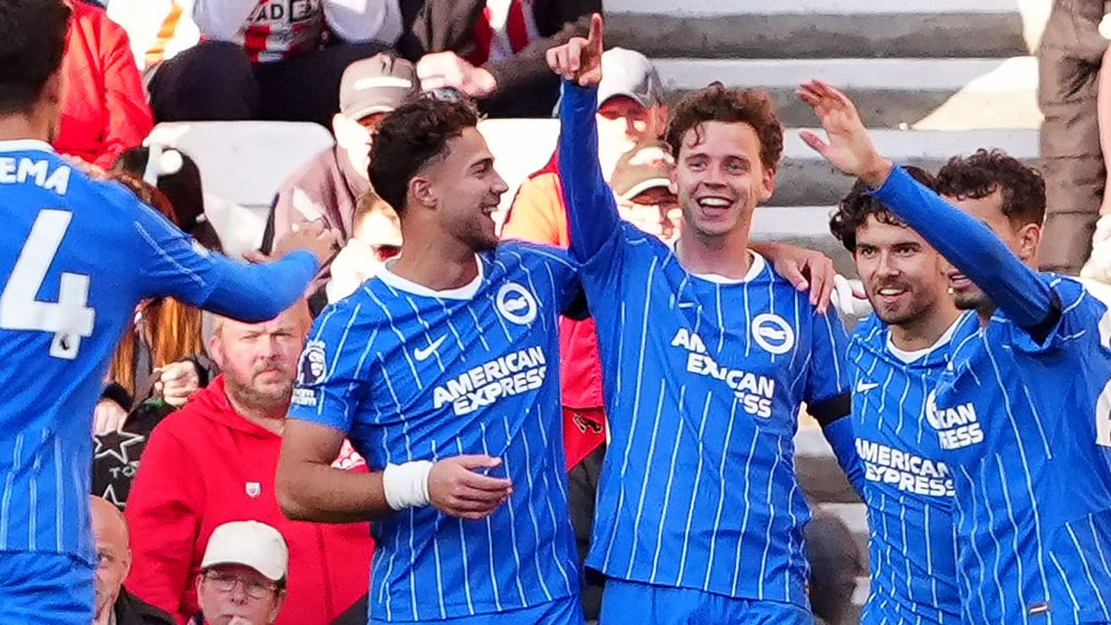 Brighton players celebrate in front of their travelling fans at Sunderland