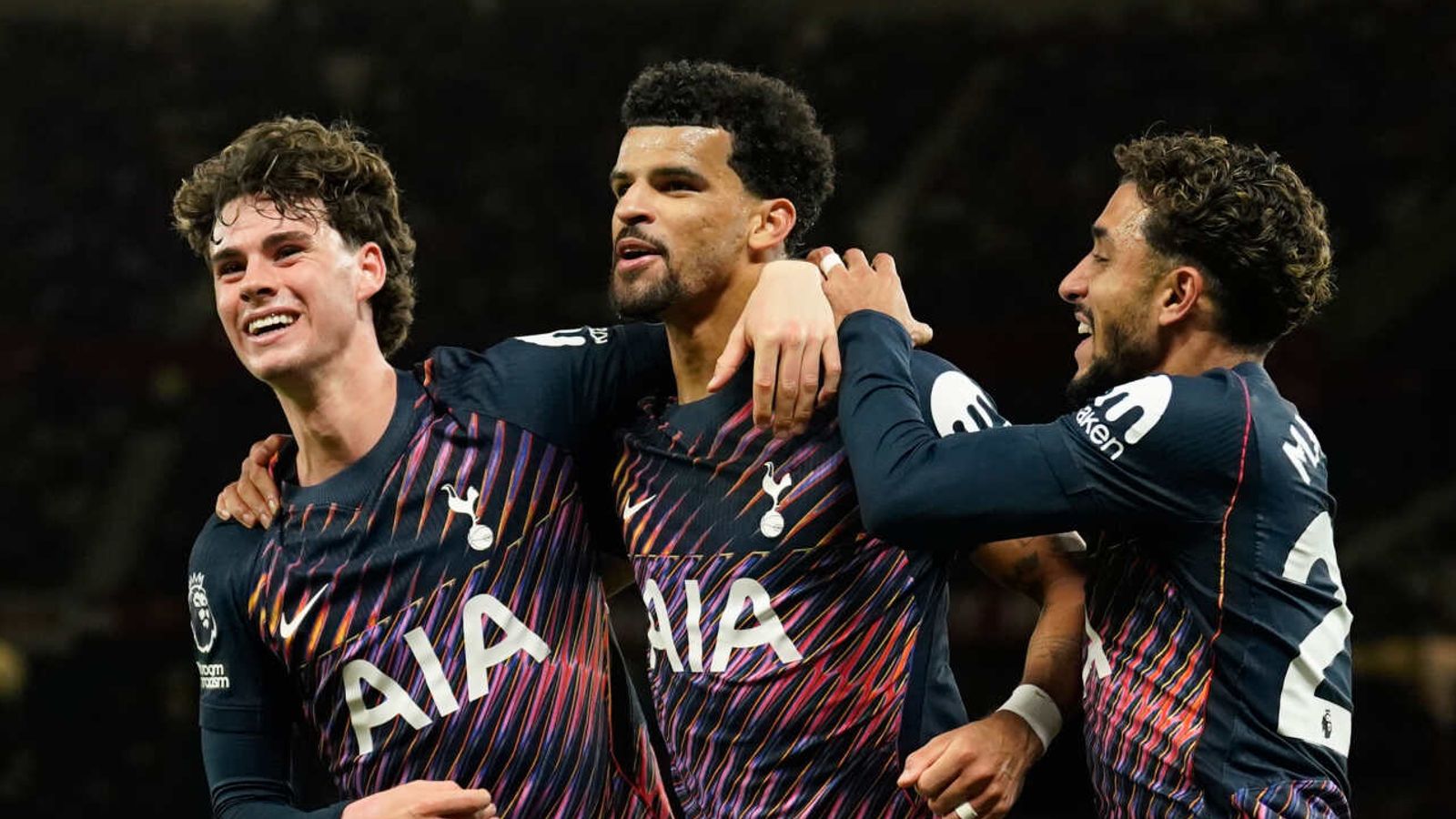 Tottenham’s Dominic Solanke celebrates his equaliser at Old Trafford with teammates