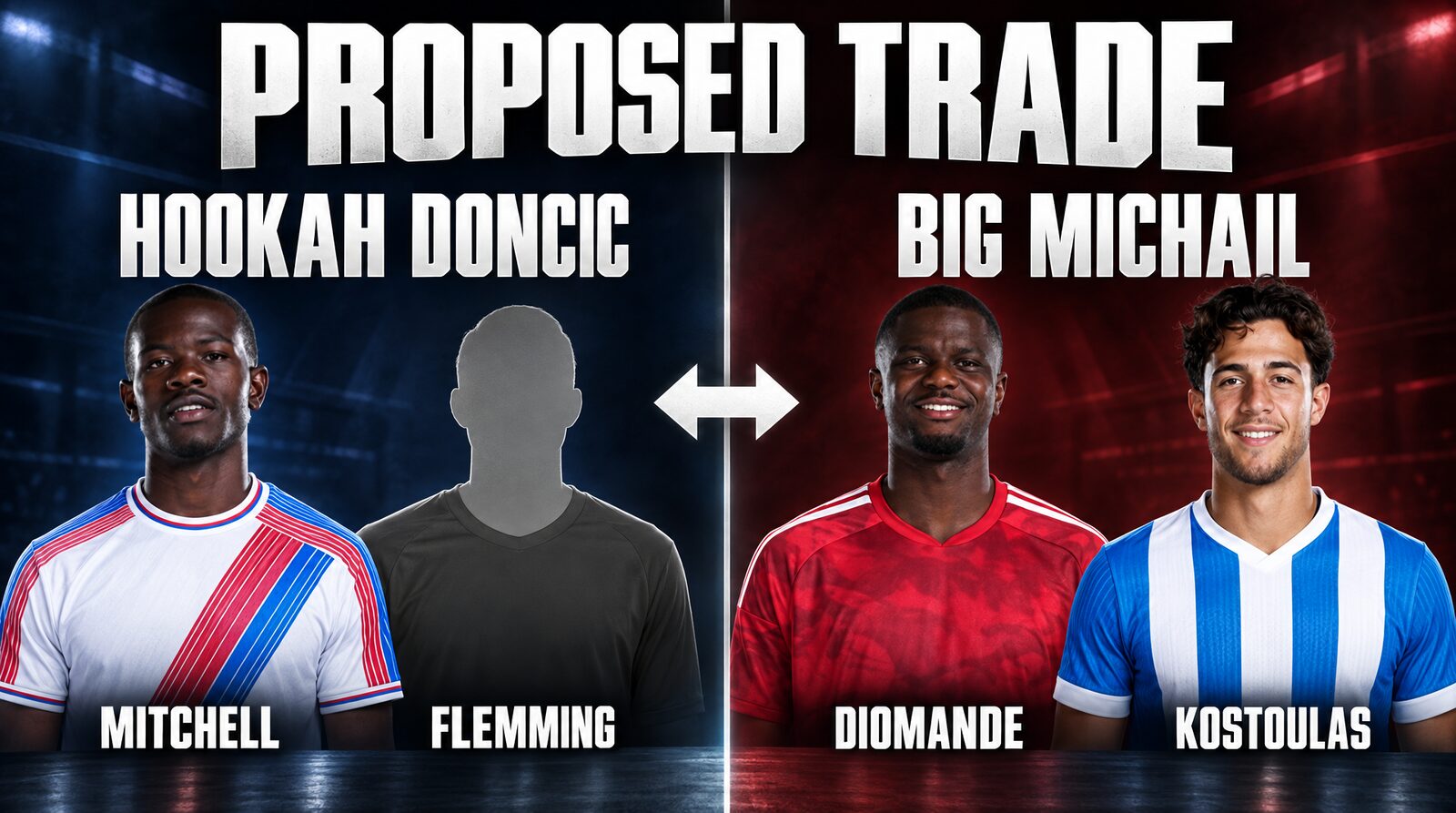 Proposed trade graphic: Hookah Doncic send Mitchell and Flemming to Big Michail for Diomande and Kostoulas