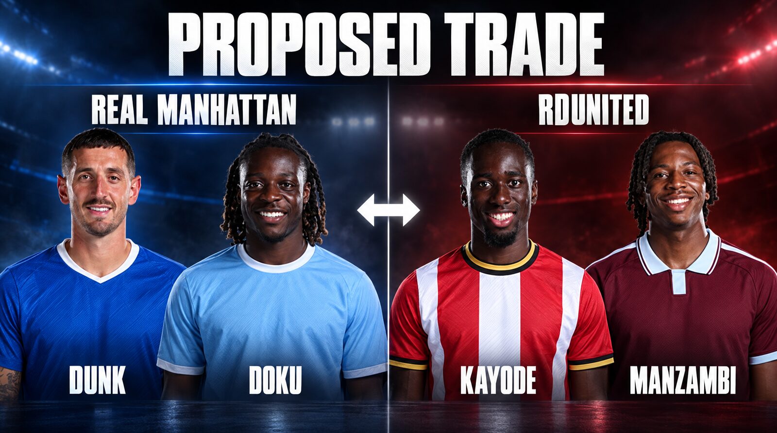 Proposed trade graphic: Real Manhattan send Dunk and Doku to RDunited for Kayode and Manzambi